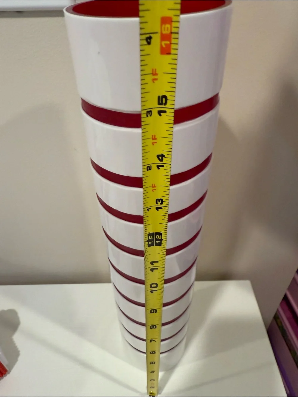 NWT Vintage Studio Nova White Ceramic Cylinder Vase with Red Stripe Accents